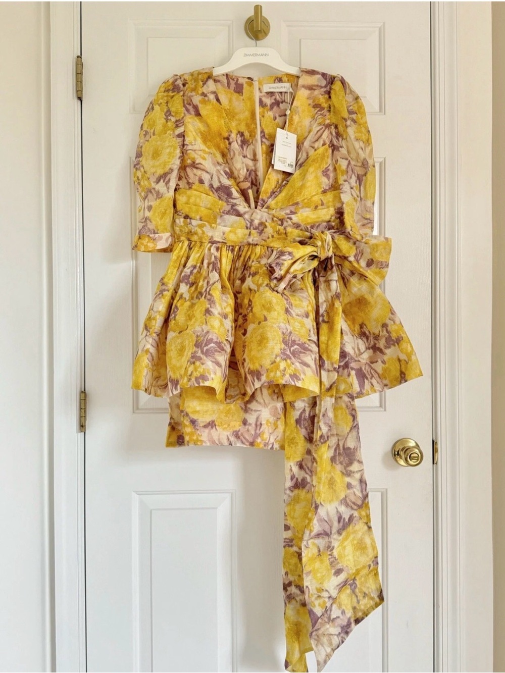ZIMMERMANN High Tide Peplum Silk & LINEN NWT Floral Tie-Waist Dress - Yellow